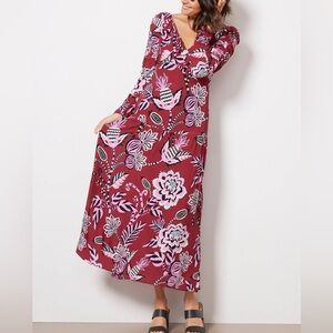 NWT FARM RIO Burgundy Pineapple Inspiration Floral Print Maxi Dress XXS LS